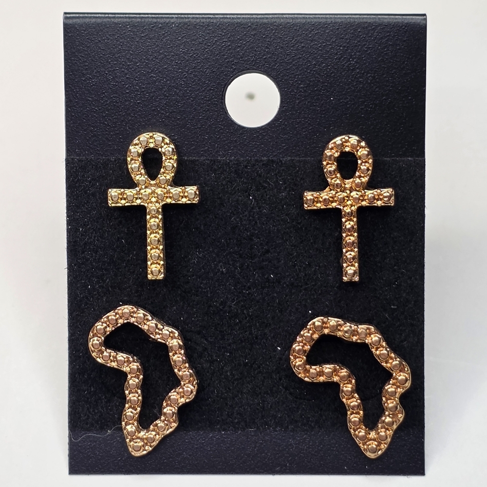 Egyptian Ankh & African Continent Gold Stud Earrings Mini Fashion Jewelry Set